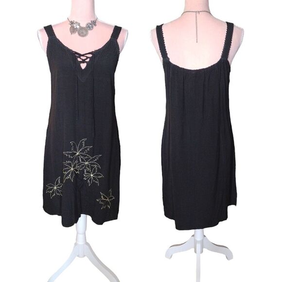 VTG 90s Black Gold Hawaiian Embroidered Fairycore Mini Dress Medium - Picture 11 of 16
